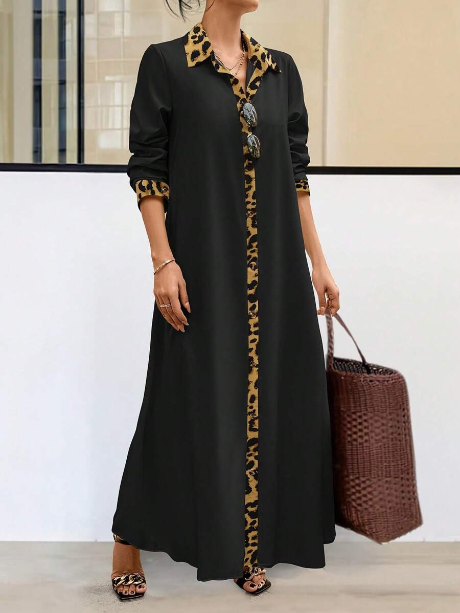 EMERY ROSE Women's Vacation Casual Random Leopard Print Patchwork Button-Up Long Shirt Dress Maxi... | SHEIN