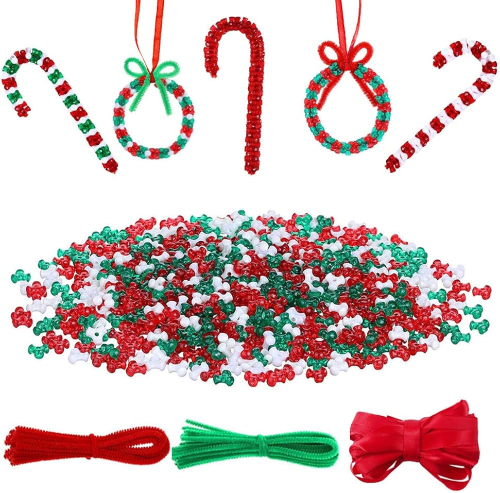 YBB 1500 Pcs Christmas Tri-Shaped Beads Ornament Kit with 50 Pieces Chenille Stems and Red Ribbon... | Amazon (US)