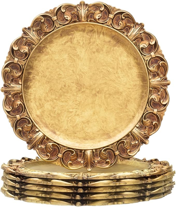 MAONAME 14" Antique Gold Charger Plates with Embossed Rims, Set of 6, Plastic Plate Chargers for ... | Amazon (US)