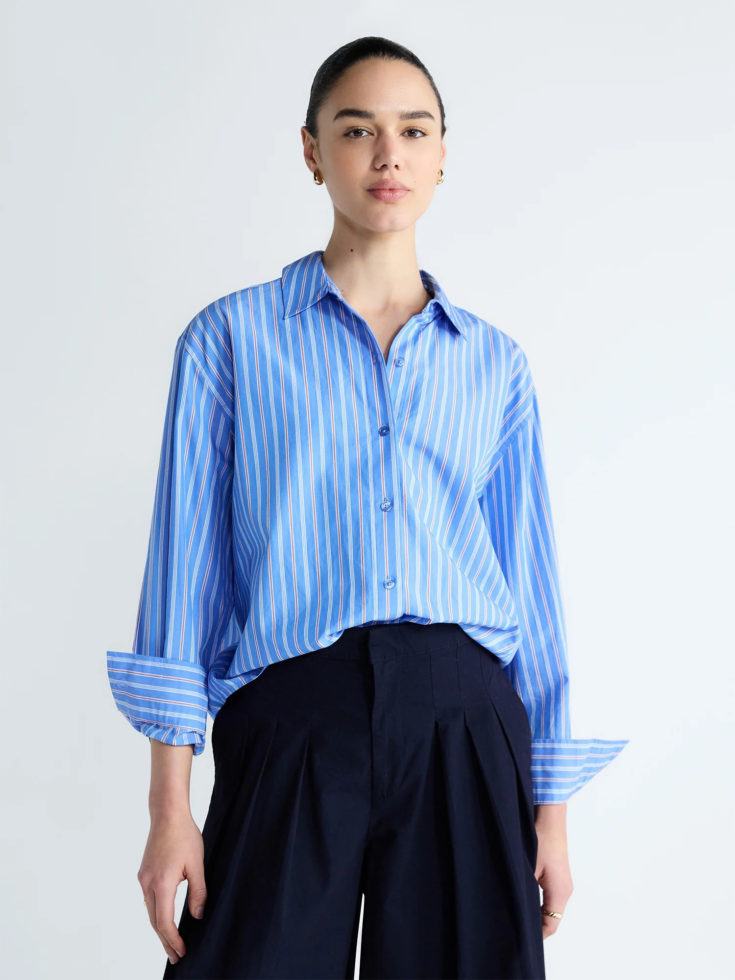 Free Assembly Women's and Women's Plus Relaxed Button Down Cotton Shirt with Long Sleeves, Sizes ... | Walmart (US)