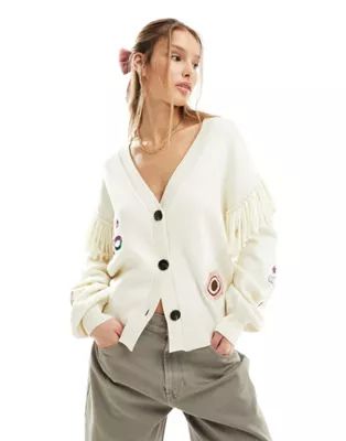 Never Fully Dressed embroidered fringe sleeve knitted cardigan in cream | ASOS | ASOS (Global)