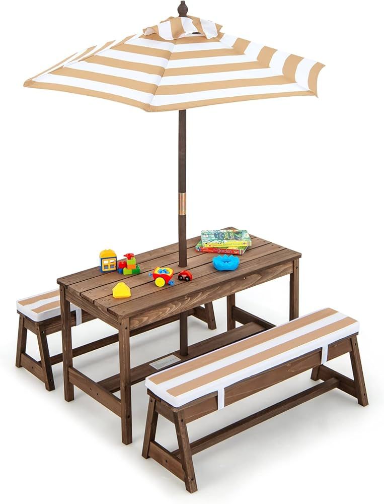 HONEY JOY Kids Picnic Table, Outdoor Wooden Table & Bench Set w/Removable Cushions and Umbrella, ... | Amazon (US)