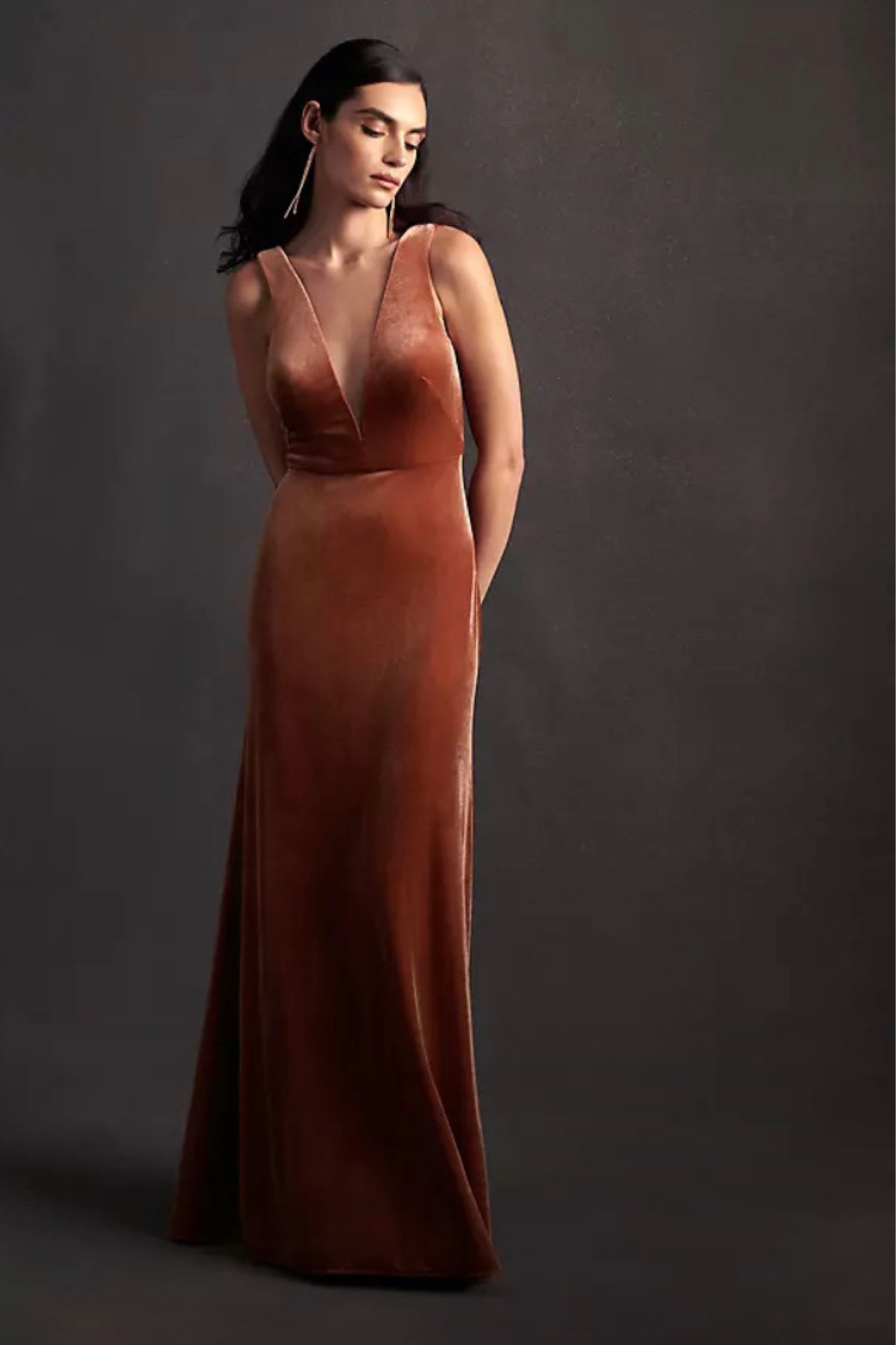 Bridesmaid dress, fall bridesmaid dress, long velvet English rose orange pink dusty rose dress wedding bridesmaid, cocktail dress, cruise dress, anthropologie Jenny Yoo Logan Deep-V Velvet Column Gown dress.

#LTKwedding #LTKSeasonal #LTKstyletip