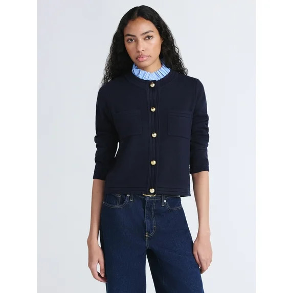 Free Assembly Women's and Women's Plus Ruffle Neck Chest Pocket Cardigan, Sizes XS-4X | Walmart (US)