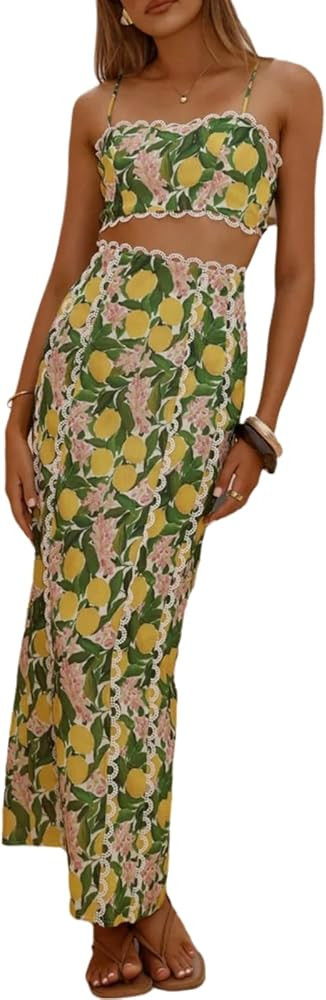 Women's Summer Holiday 2 Piece Outfit Floral Print Backless Cami Top and High Waisted Maxi Slit S... | Amazon (US)