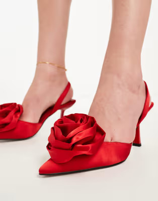 ASOS DESIGN Sia corsage slingback mid heeled shoes in red | ASOS (Global)