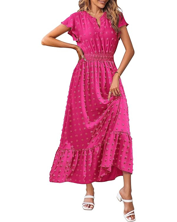 MEROKEETY Women 2024 Summer Flutter Short Sleeve V Neck Swiss Dot Smocked A Line Tiered Maxi Dres... | Amazon (US)