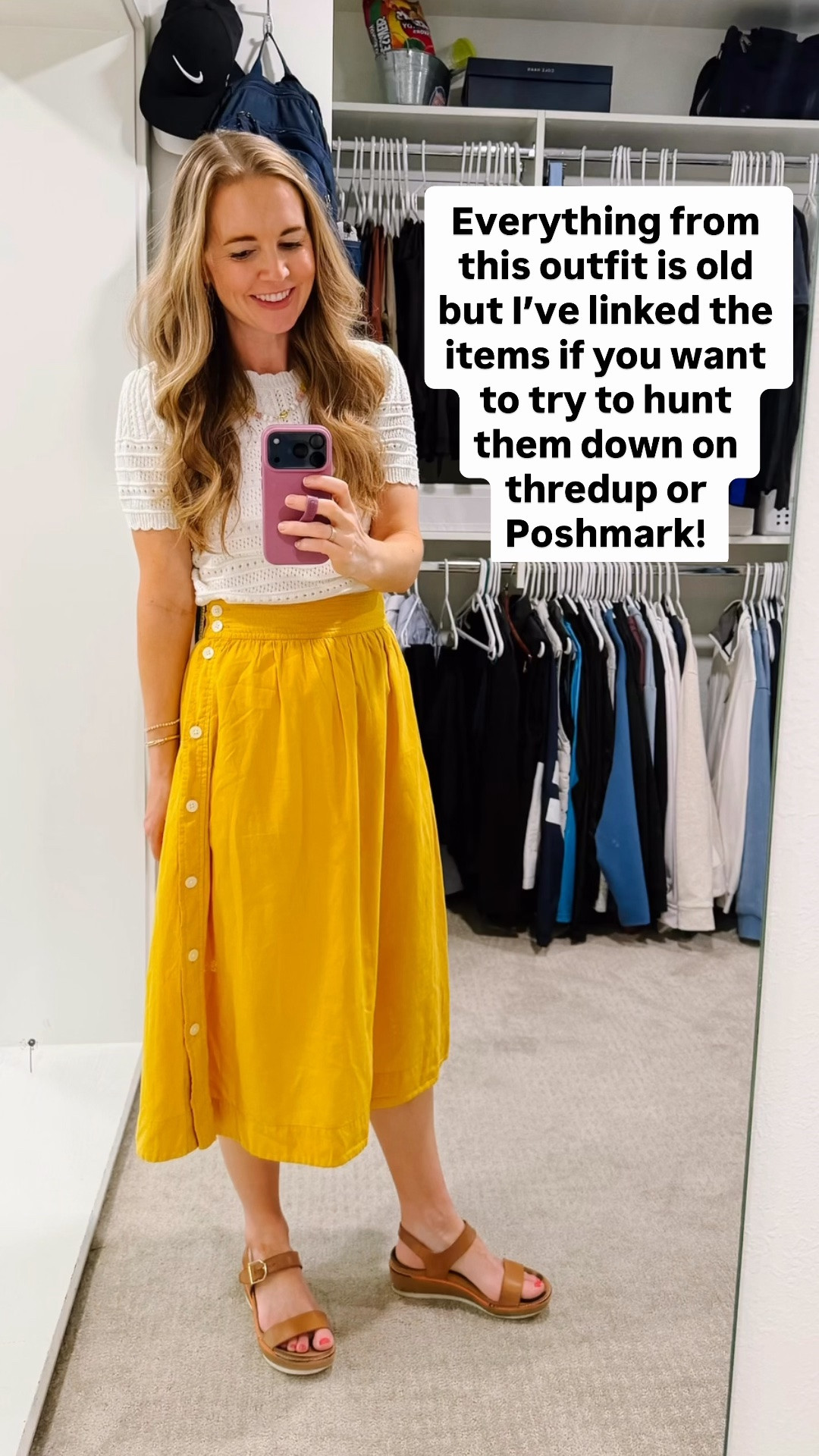 Madewell skirt (bought on thredup)

Top is old from Kohls - it is still listed online so it might be worth checking if it’s available at your local store 

Shoes are old from Cole Haan - these shoes from Toms are the closest I found