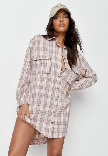Missguided - Lilac Plaid Oversized Shirt Dress | Missguided (US & CA)