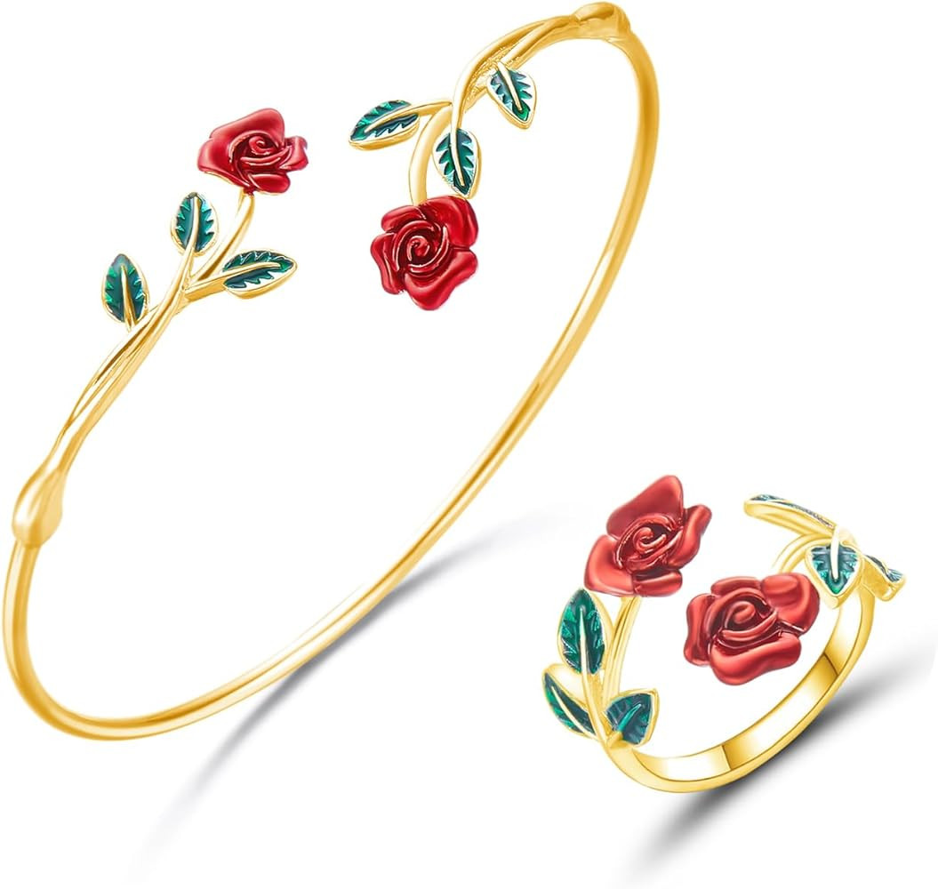 2pcs Red Rose Jewelry Set Exquisite Pink Rose Bracelet For Women Vintage Flower Ring Sexy Plated ... | Amazon (US)