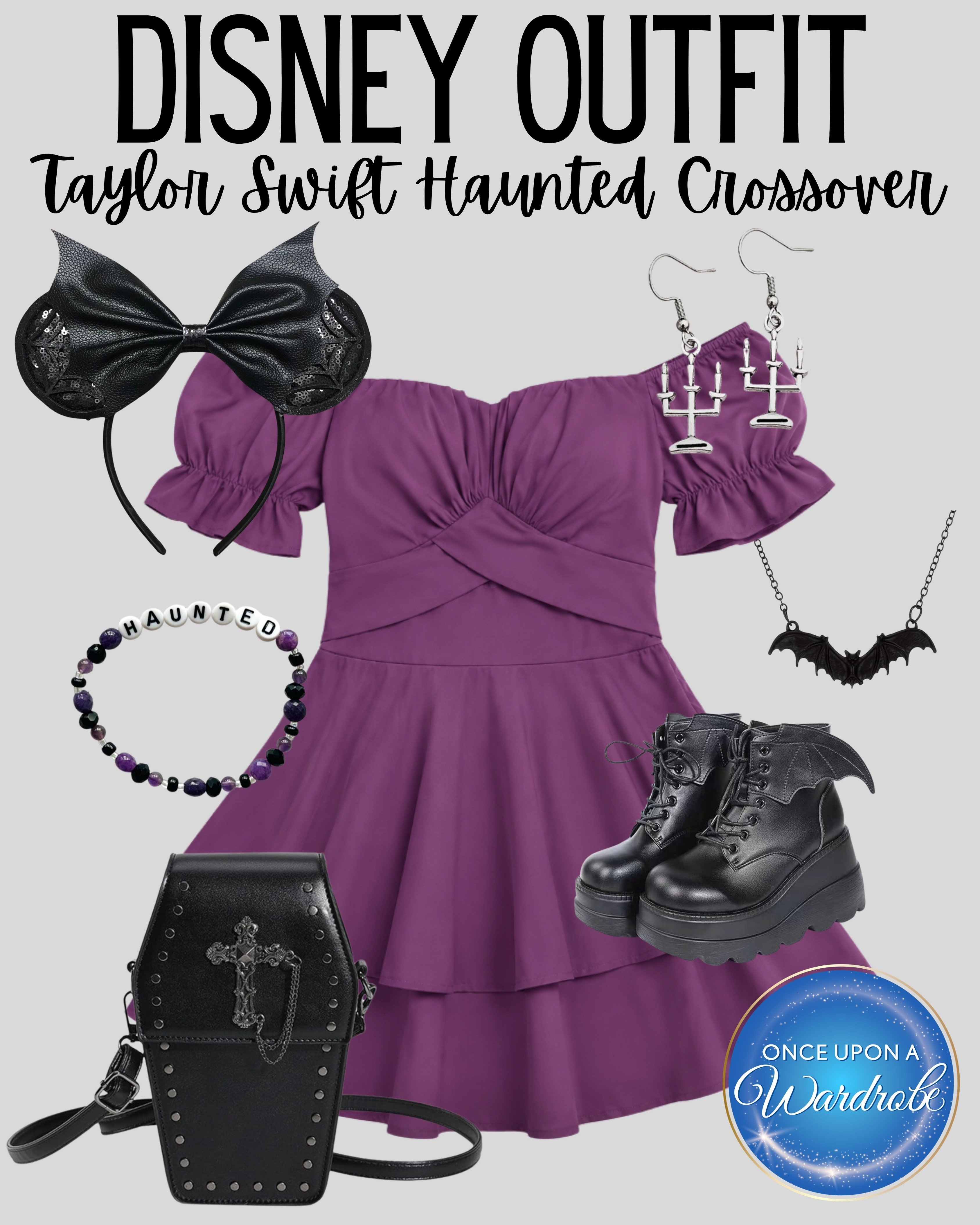 A Taylor Swift haunted Disney outfit for women with spooky purple, black accessories, bat details, and Haunted Mansion-inspired touches. This would be fun for Mickey’s Not-So-Scary Halloween Party, a Disney Halloween outfit, or a Magic Kingdom park day with a little Reputation-meets-haunted style. 

 #LTKootd #LTKmomlife #LTKTravel