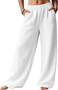 LOMON White Linen Pants Women Wide Leg Summer Flowy Hot Day Pants Beach Vacation Clothes Lounge T... | Amazon (US)