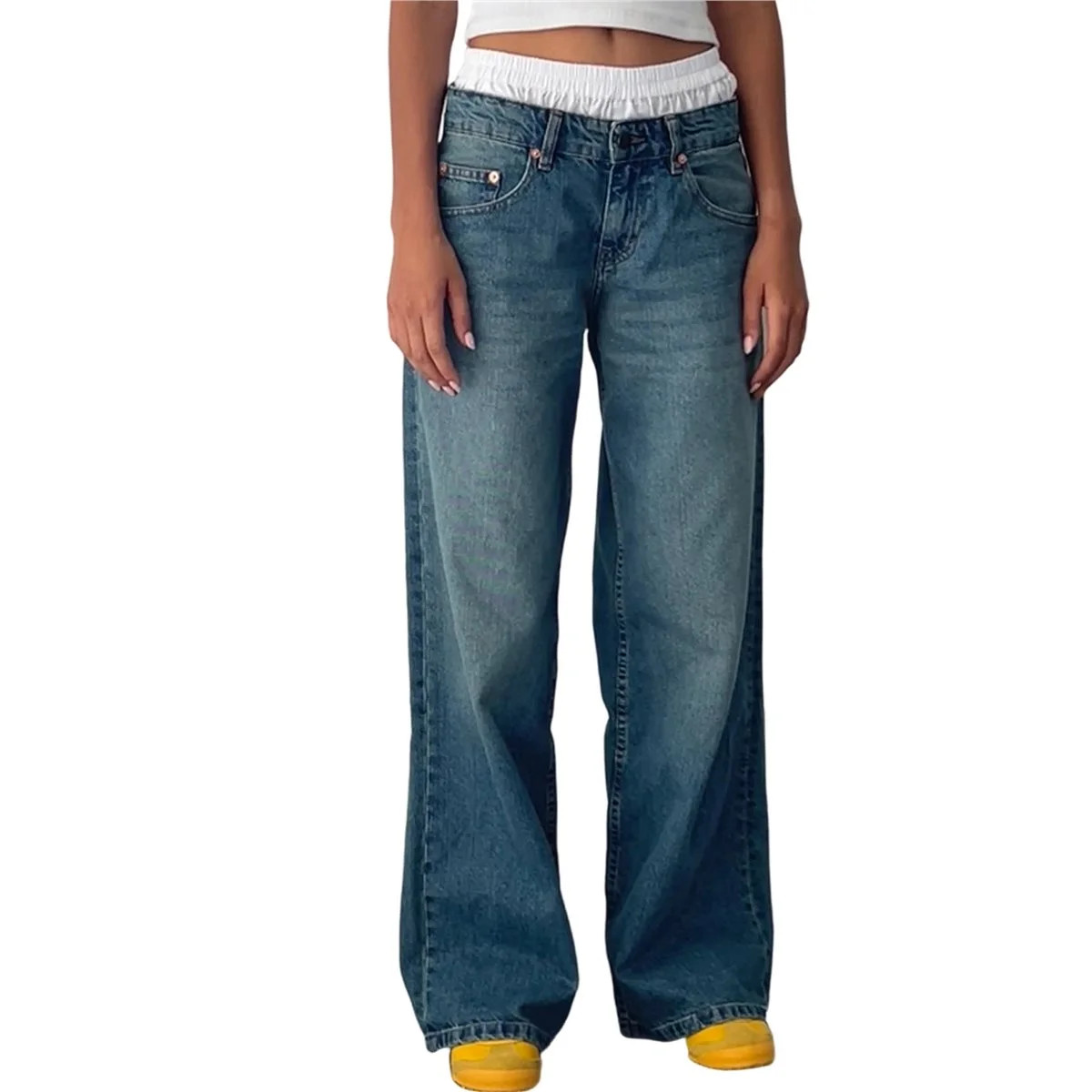 Women Y2k Low Rise Baggy Jeans Loose Fit Boyfriend Straight Wide Leg Jeans Trendy Stretch Long De... | Walmart (CA)