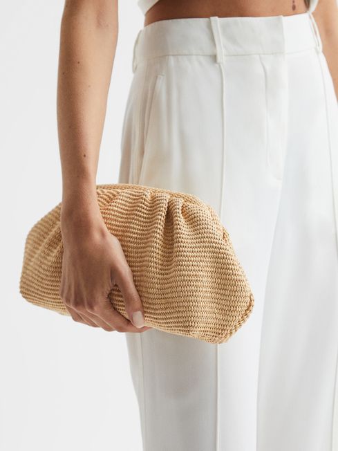 Reiss Neutral Delilah Raffia Ruched Clutch Bag | Reiss US