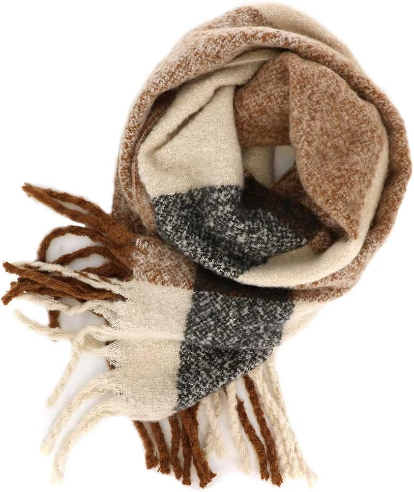 Women's Tan Plaid Tassel Oblong Scarf | Amazon (US)