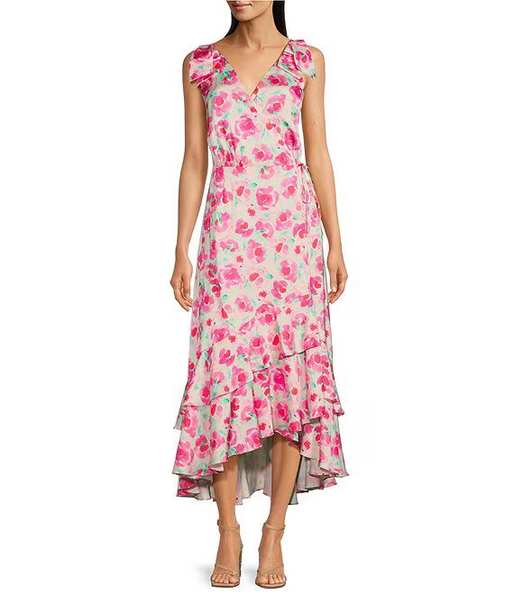 Floral V Neckline Sleeveless Wrap Asymmetrical Hemline Maxi Dress | Dillard's