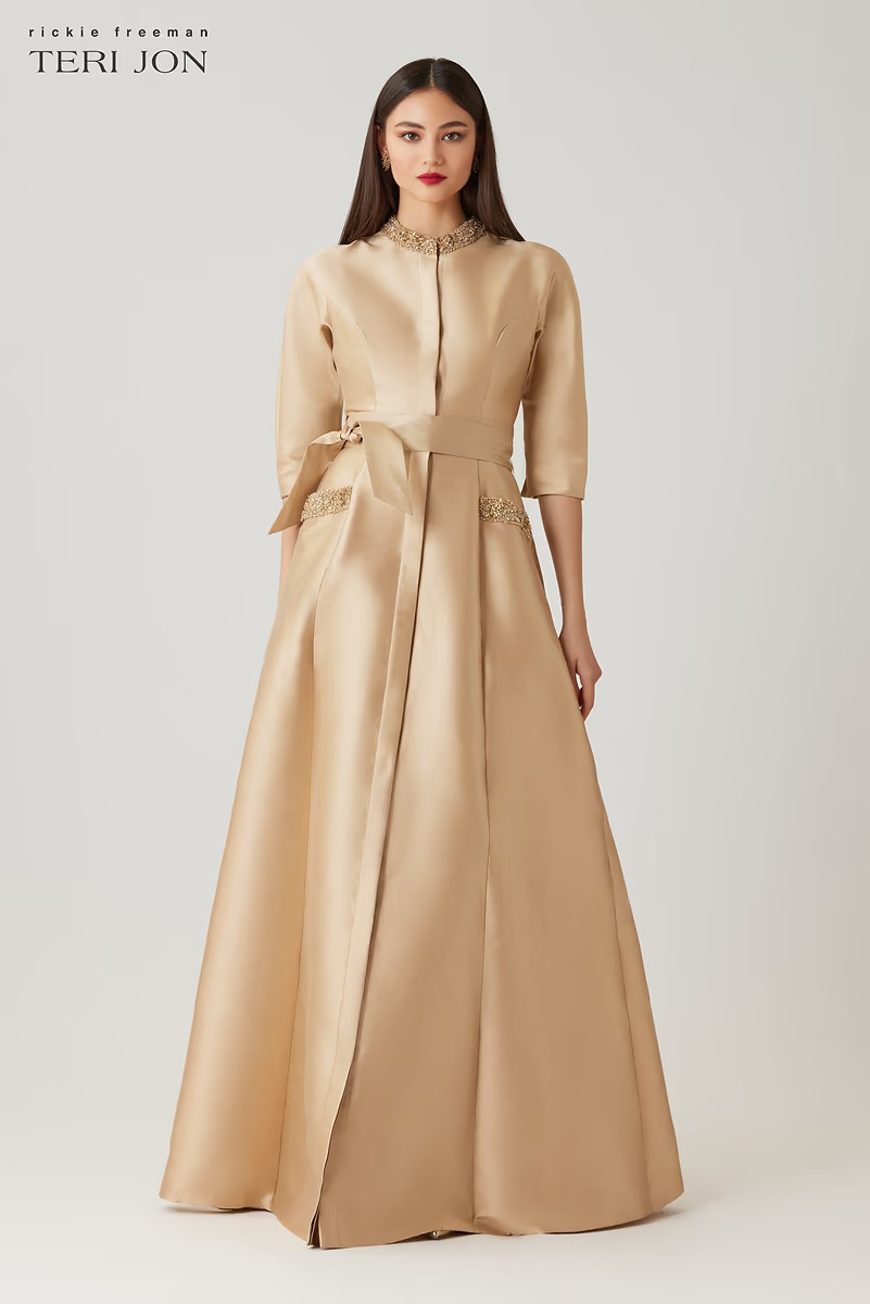 Mikado Bead Collar And Pocket Shirt Waist Gown | TERI JON