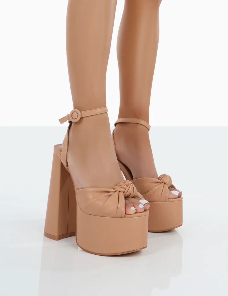 Knot On Nude Pu Knotted Platform High Heeled Sandals | Public Desire