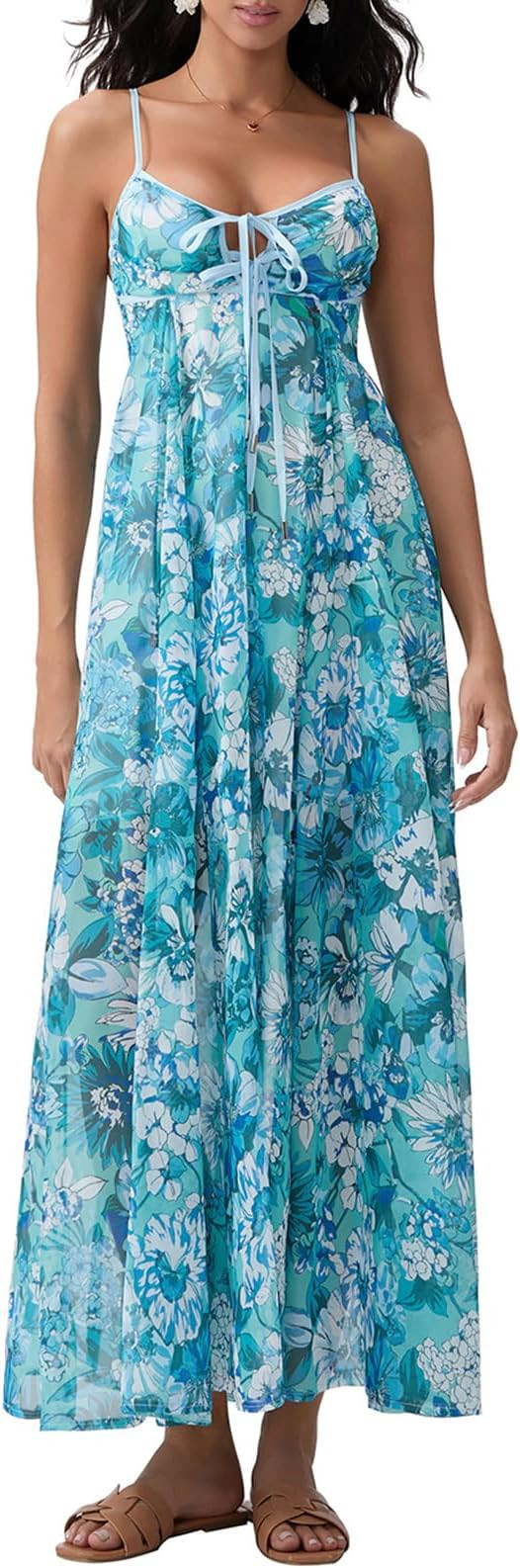 FEORJGP Womens Summer Spaghetti Strap Long Dress Boho Low Cut Dress Backless Flowy Midi Dress Boh... | Amazon (US)