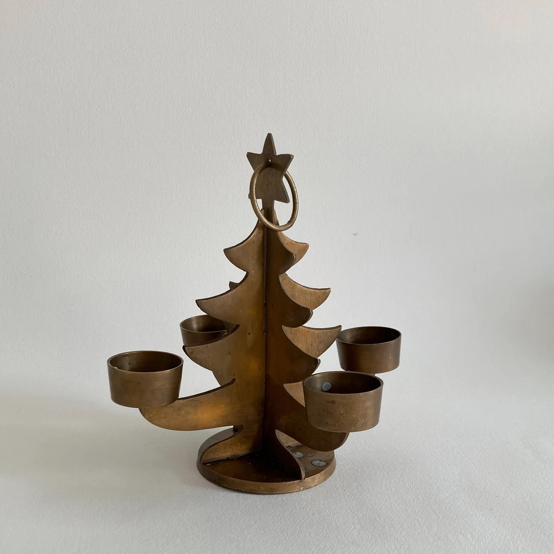 1990s Brass Christmas Tree Candleholder Folk Art Style - Etsy | Etsy (US)