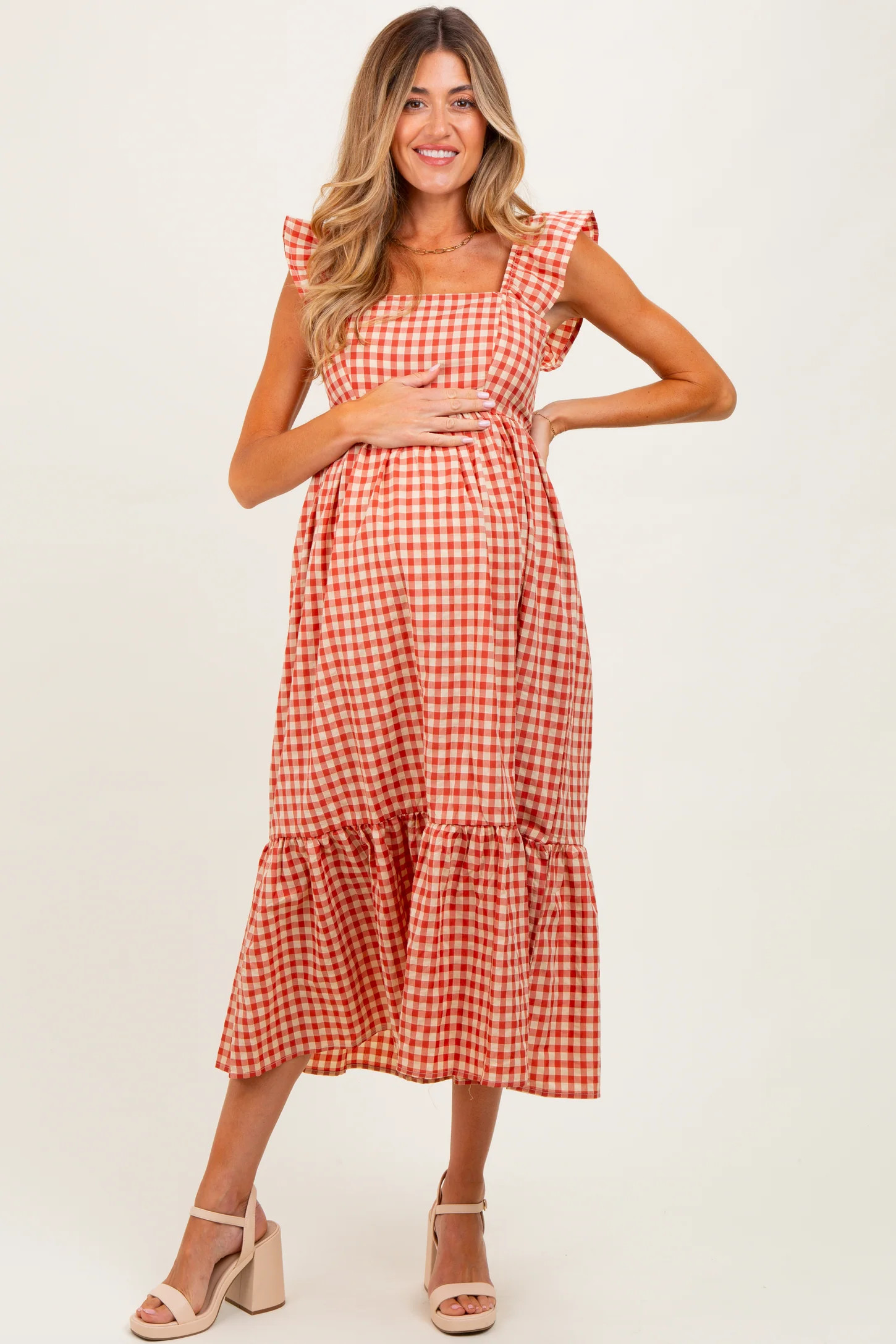 Rust Gingham Ruffle Strap Maternity Midi Dress | PinkBlush Maternity