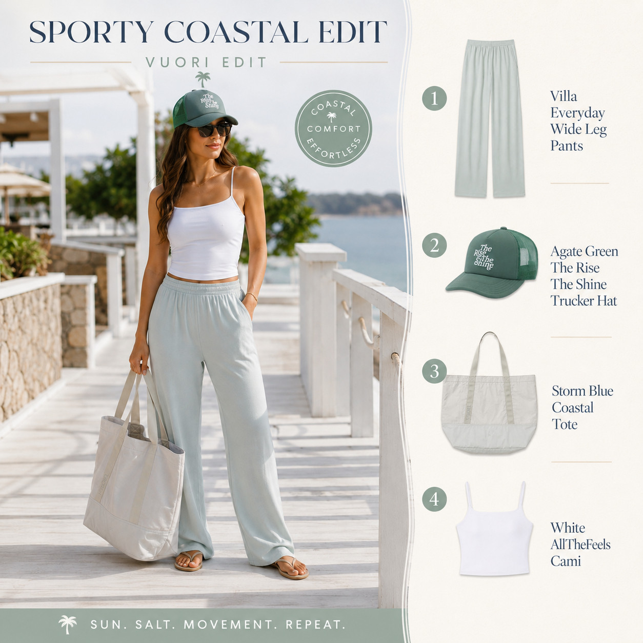 @Vuori US Summer Chic | Sporty Coastal Edit

The Vuori sporty coastal edit is the summer outfit formula that makes casual look intentional!! ☀️ 

The Villa Everyday Wide Leg Pants, White AllTheFeels Cami, Agate Green The Rise The Shine Trucker Hat, and Storm Blue Coastal Tote come together for the easiest breezy outfit that feels comfortable, polished, and ready for every sunny plan.

This is exactly what you wear for beach walks, resort mornings, travel days, coffee runs, poolside errands, lake weekends, coastal shopping, girls’ trips, and casual summer weekends when you want to feel relaxed but still look put together. 

The wide-leg pants give that soft, flowy, elevated comfort, the white cami keeps the look clean and flattering, the green trucker hat adds a sporty summer touch, and the coastal tote makes it practical without losing the luxe Vuori feel.

If you love outfits that are easy to throw on but still look styled, this Vuori edit is such a strong one to shop. It solves the “I want to be comfy but still cute” problem with soft layers, coastal colors, and pieces you can mix, match, pack, and rewear all season.

Sporty, breezy, effortless, and summer-ready — this is the kind of outfit you’ll keep reaching for.

📌 SAVE this for the Vuori sporty coastal outfit that makes casual summer days look easy, polished, and put together.

↓ Everything is linked!

#LTKActive #LTKSaleAlert #LTKTravel