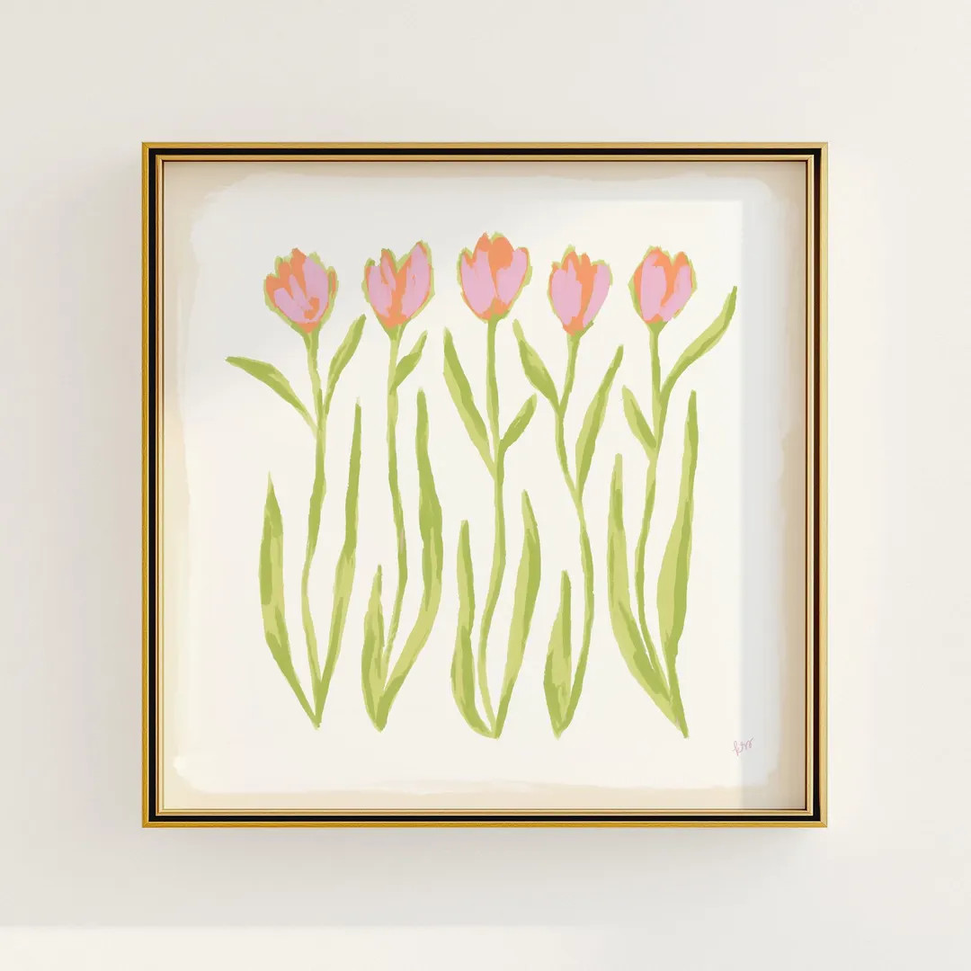 Pink & Green Tulip Floral Botanical Print | Grandmillennial Wall Decor | Modern Southern Art | Di... | Etsy (US)