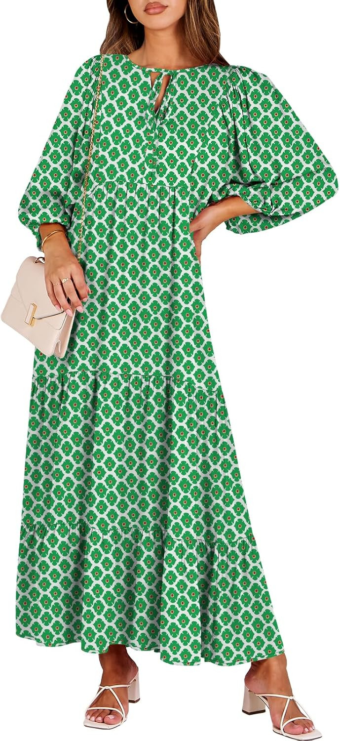 ANRABESS Womens Boho Maxi Dresses 2024 Summer V Neck Puff Sleeve Casual Flowy Swing A-Line Long B... | Amazon (US)