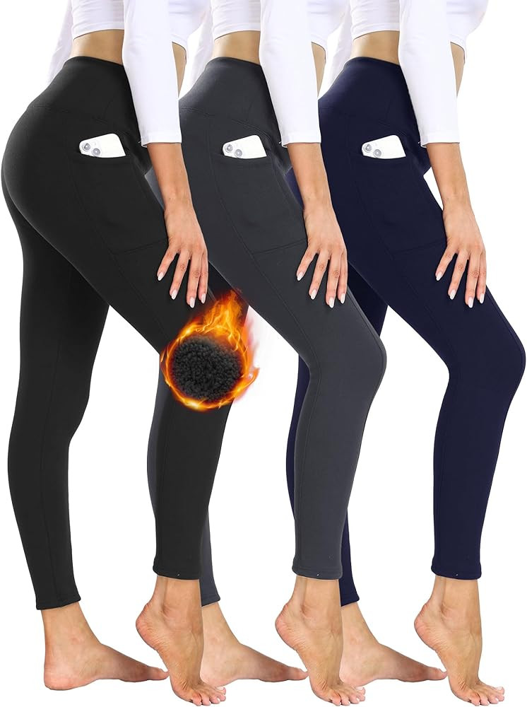 3 Pack Fleece Lined Leggings Women with Pockets - High Waisted Plus Size Winter Thermal Yoga Pant... | Amazon (US)