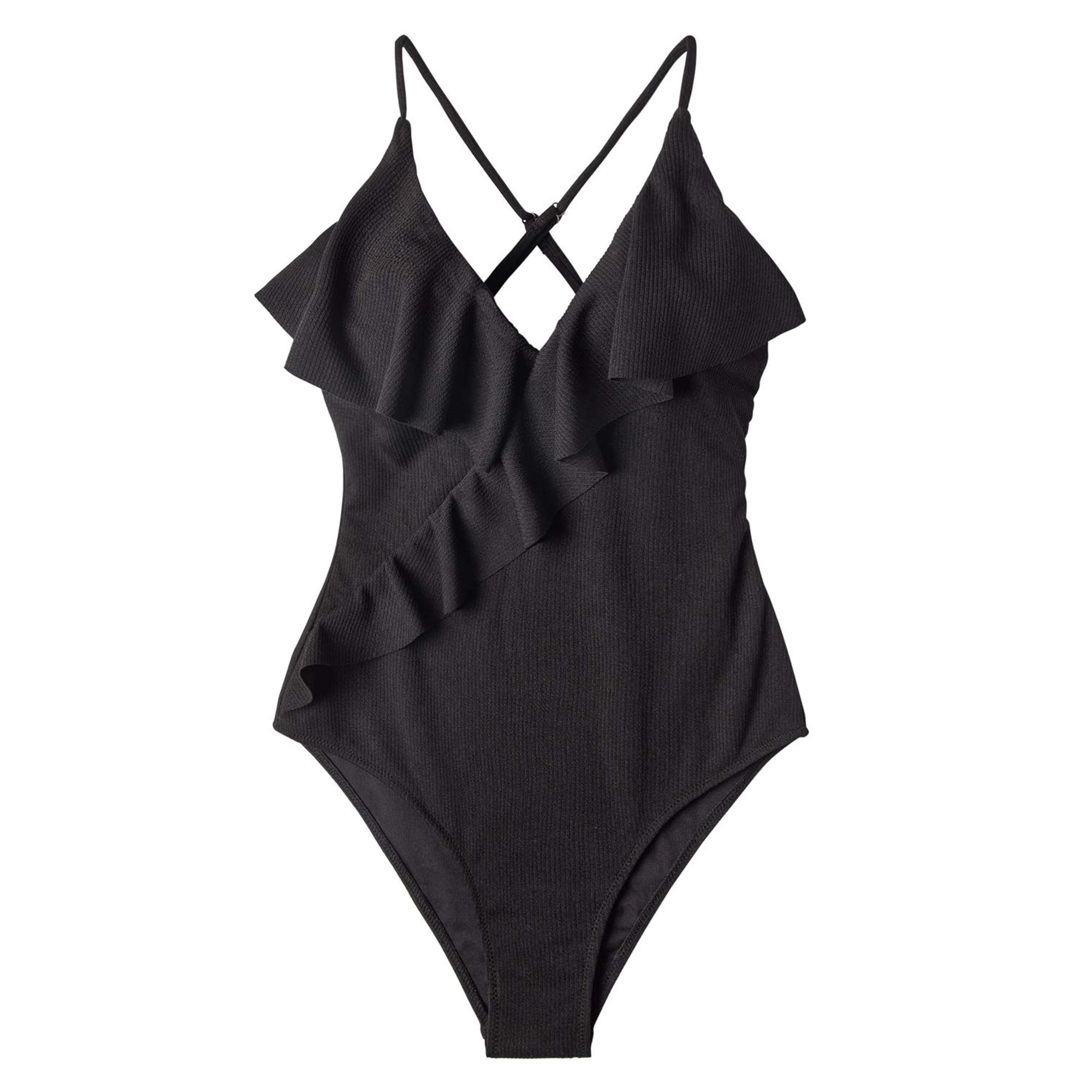 Women's Solid Black Ruffled One Piece Swimsuit Plunging Neckline Monokini | Seaselfie by Cupshe | Walmart (US)