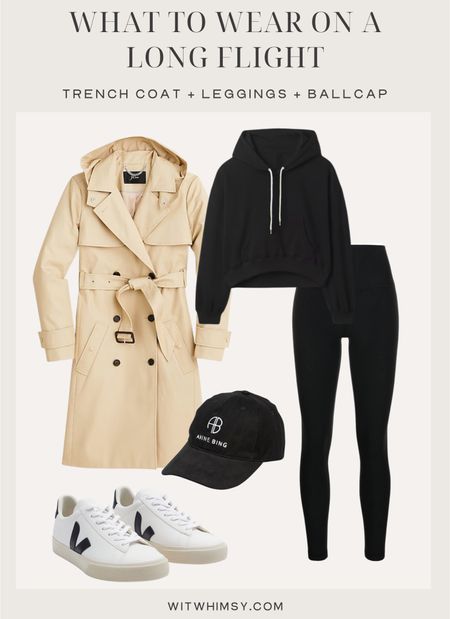 What to wear on a long flight - trench coat, hoodie, leggings, ball cap, and sneakers 

#LTKtravel #LTKstyletip