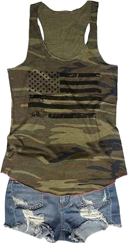 FLOYU Women's Camouflage Patriotic American Flag Graphic Print Casual Sleeveless 4th of July Tank... | Amazon (US)