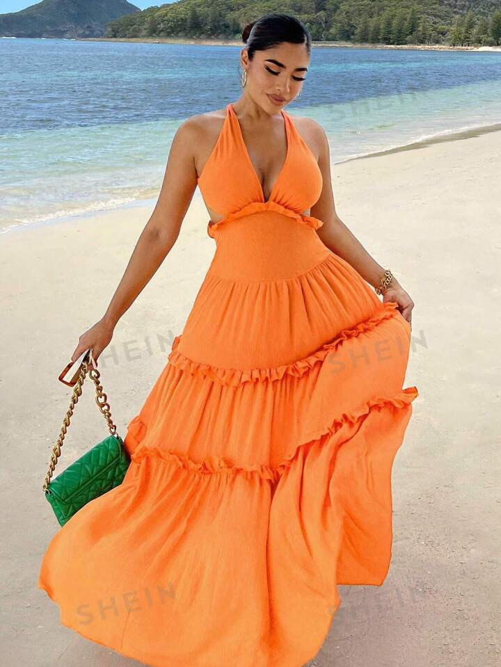 SHEIN SXY Frill Trim Backless Layered Hem Swing  Dress Vacation Dress | SHEIN