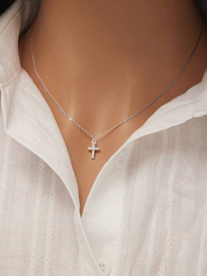 1 Pezzo Collana Con Ciondolo Croce Minimalista In Argento Sterling 925 Con Piccoli Zirconi Cubici | SHEIN