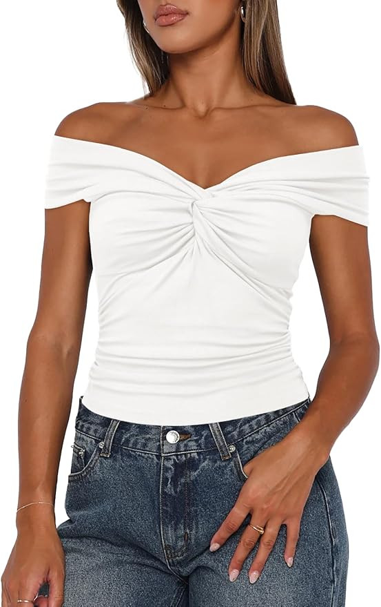 Darong Women Summer Twist Knot Front Off The Shoulder Tank Tops Cap Sleeve Going Out Shirts Slim ... | Amazon (US)