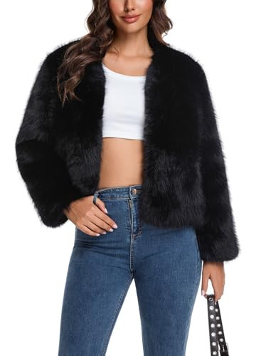 HOOD CREW Women’s Fashion Cropped Faux Fur Jackets Long Sleeve Fluffy Winter Coats Casual Cardigan Outerwear Short Coat Black XL | Amazon (US)