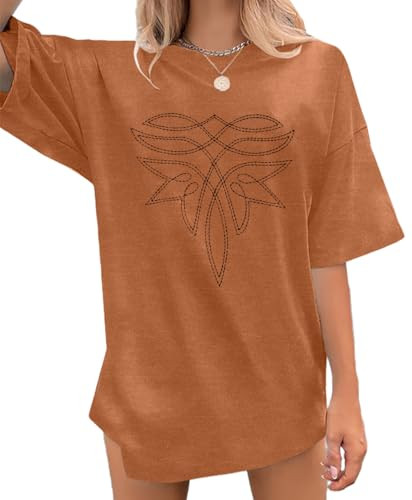 Western Shirts for Women Boot Stitch Graphic Tee Rodeo Vintage Tshirt Oversized Boho Country Music Short Sleeve Tops Brown | Amazon (US)