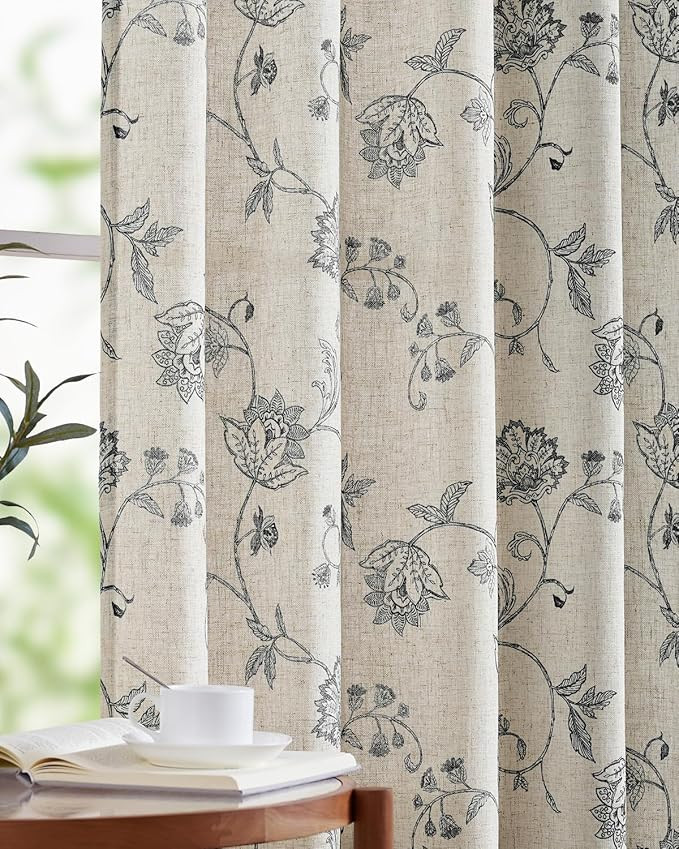 jinchan Linen Curtains Floral Curtains 96 Inch Length for Living Room Bedroom Light Filtering Rod... | Amazon (US)