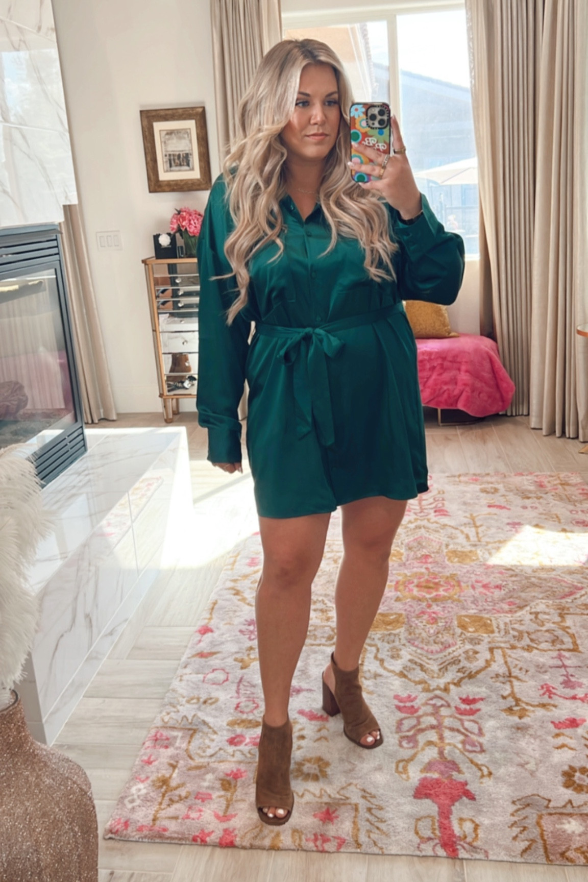 curvy emerald green satin shirt dress for fall! wearing size xl and runs a tad big 

#LTKSeasonal #LTKcurves #LTKunder100