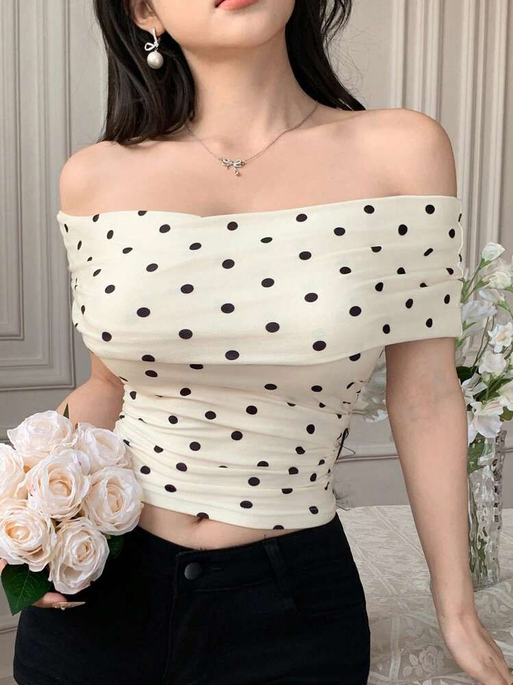 DAZY Women's Polka Dot Print Slim-Fit Off Shoulder Tight-Fitting Blouse T-Shirt | SHEIN