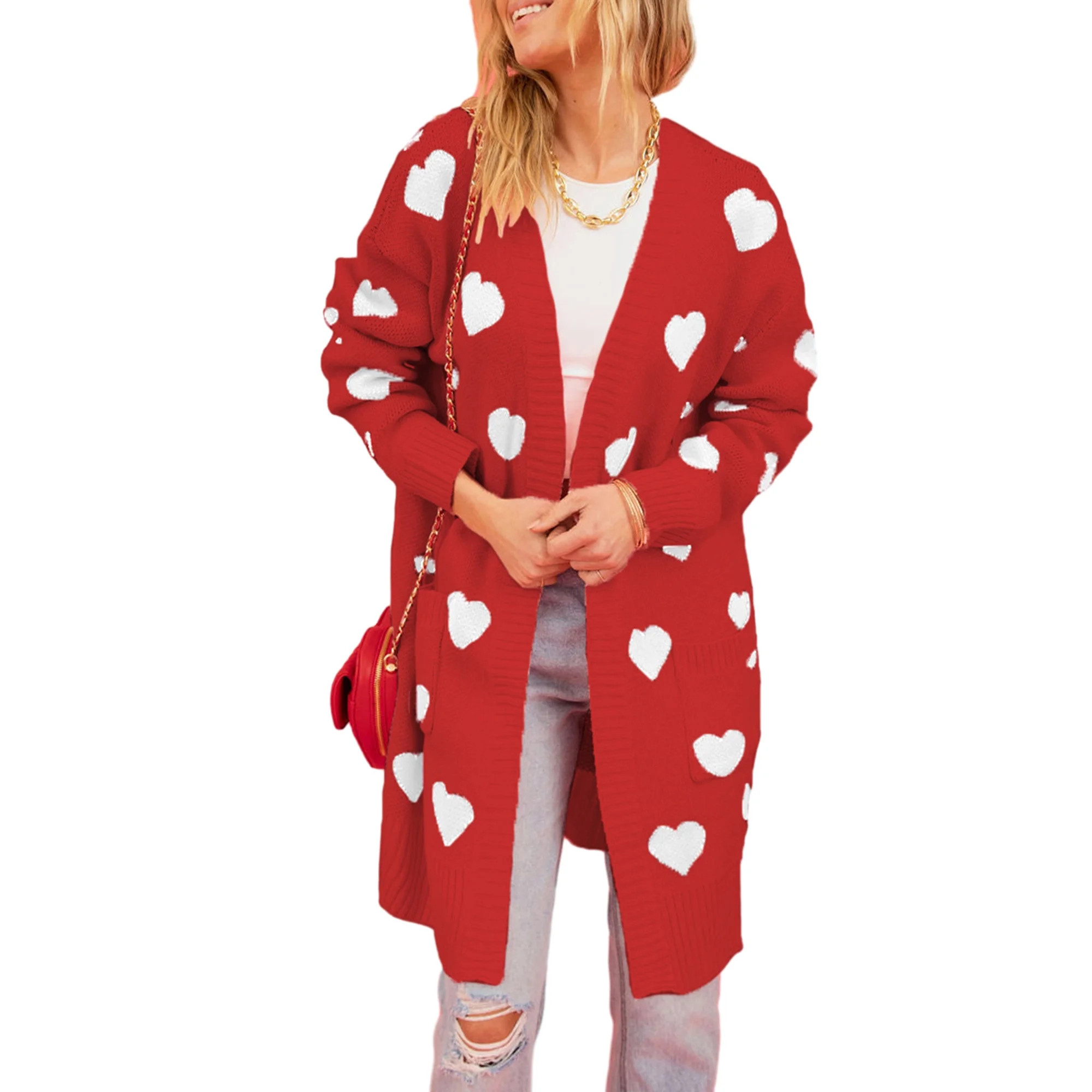 Arvbitana Women's Knit Long Cardigans Heart Print Long Sleeve Open Front Sweater Coat with Pocket... | Walmart (US)