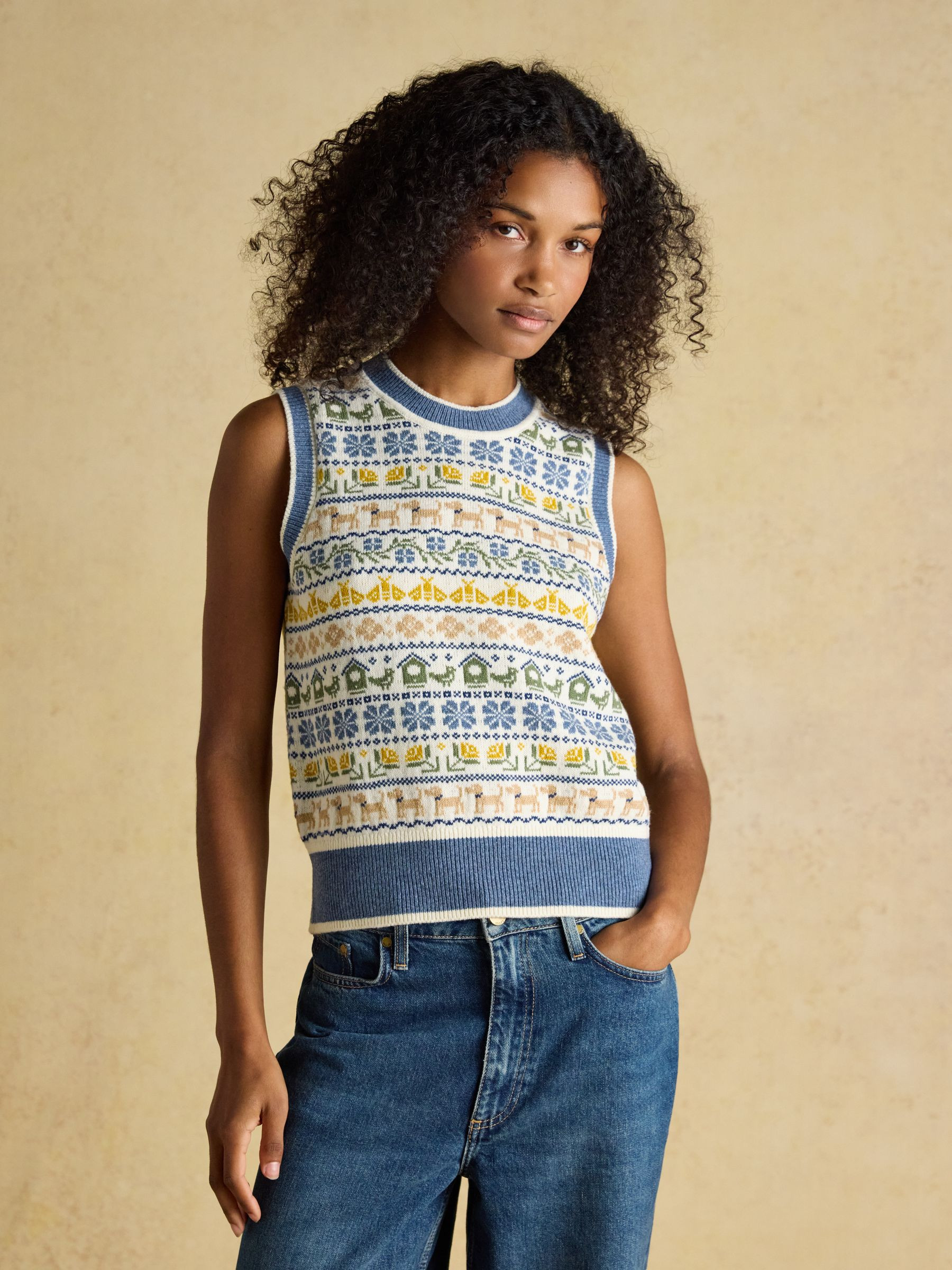 Blue Birds & Bees Knitted Crew Neck Vest | Joules | Joules