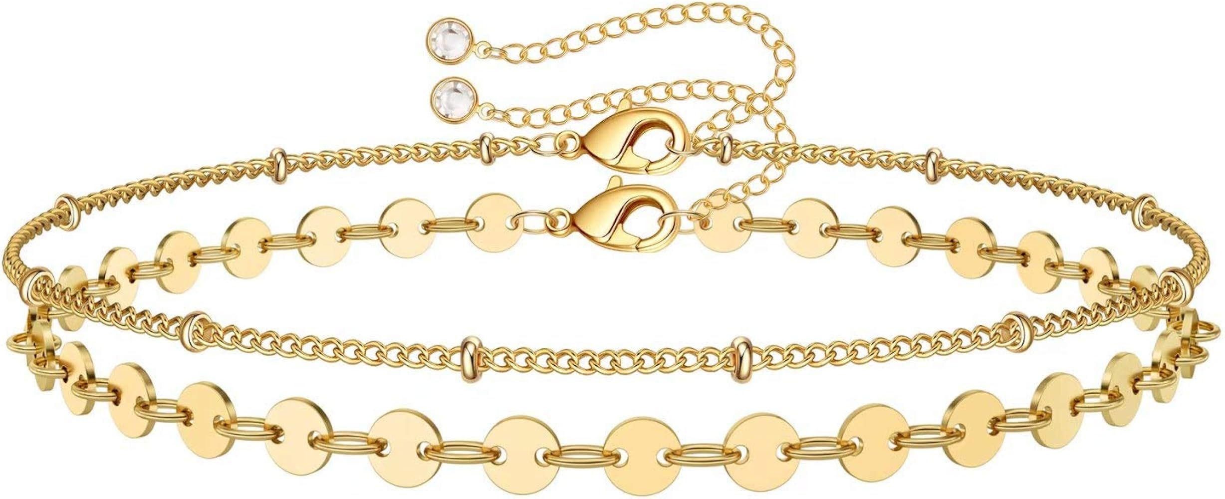 Dainty Gold Bracelets for Women, 14K Gold Filled Adjustable Layered Bracelet Cute Evil Eye Oval Chai | Amazon (US)