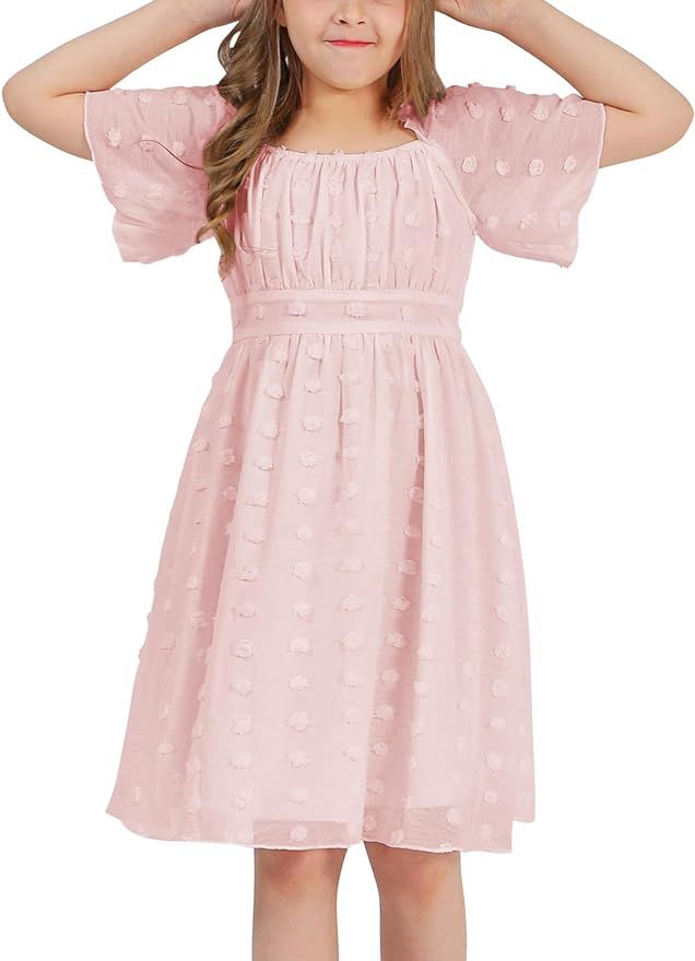 EXLURA Girls 2024 Summer Dresses Short Sleeve Swiss Dot Square Neck Flowy A Line Kids Dress Casua... | Amazon (US)