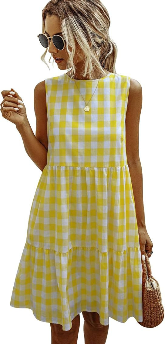 LANISEN Womens Casual Summer Short Ruffle Sleeve Babydoll Loose Swing Mini Dress V Neck Solid Tunic  | Amazon (US)