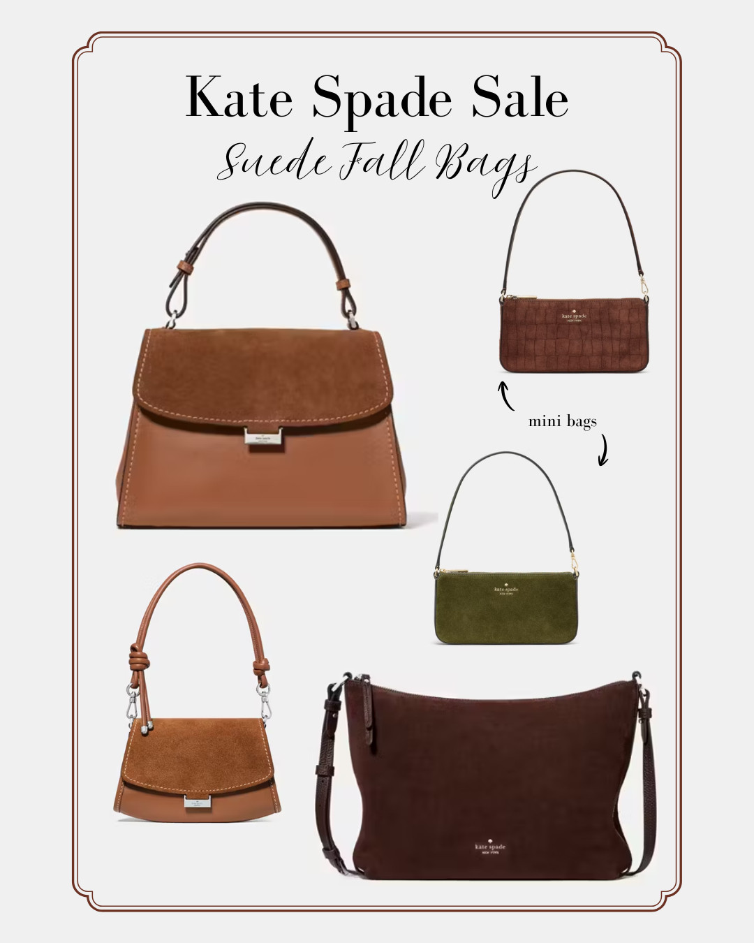 Fall purses are on sale at Kate Spade! These are some of the suede bags that I'm really loving! 
I am looking to update my purse collection with some new 2026 fall purse trends while sticking with classic functionality and high-quality materials that will last well past this year. 

Mini bags / mini purses for fall are so cute too!

#LTKSeasonal #LTKSaleAlert #LTKWorkwear