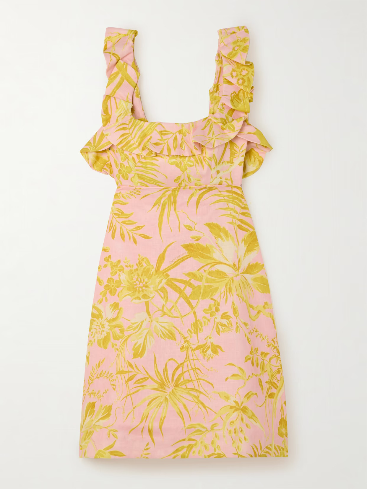 Zimmermann - Golden Bow-detailed Open-back Ruffled Floral-print Linen Mini Dress - Pink | NET-A-PORTER (US)