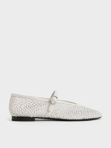 White Maggie Mesh Crystal-Embellished Mary Janes | CHARLES & KEITH UK | Charles & Keith UK