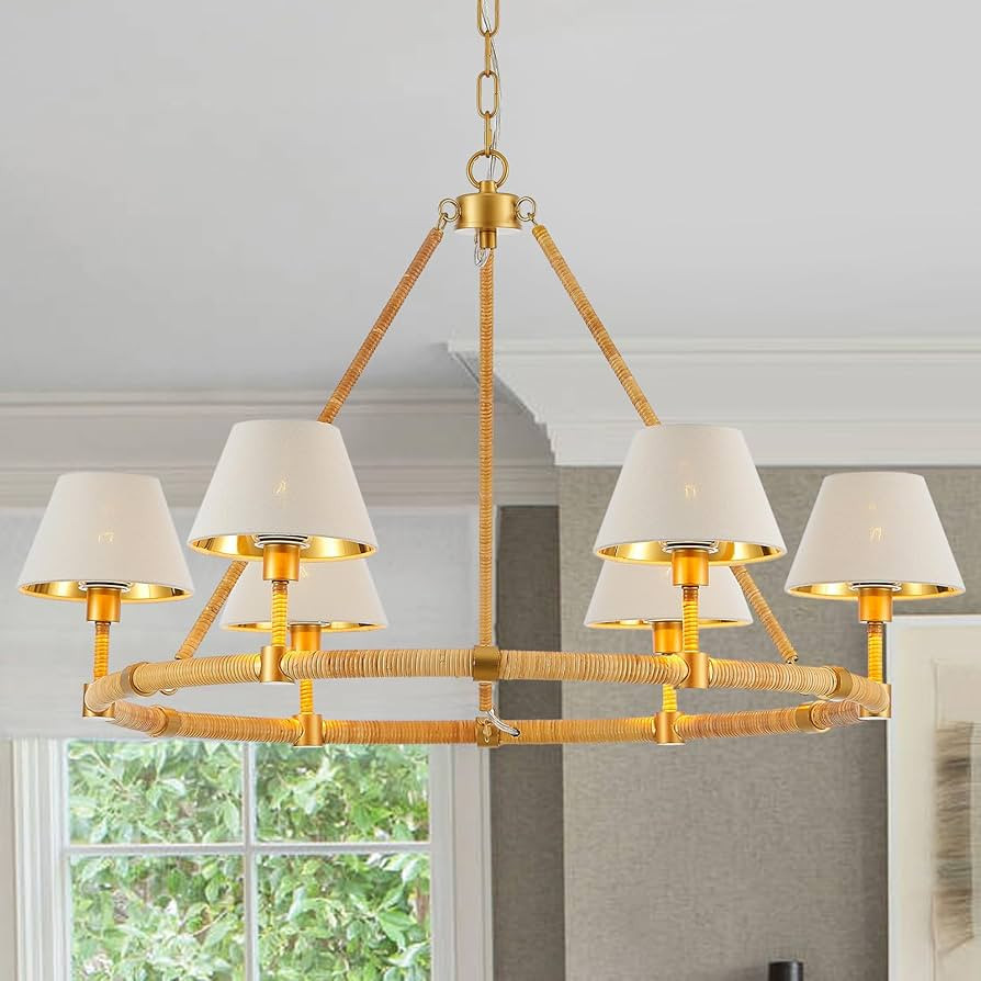 33” Hand Woven Rattan Boho Pendant Light with White Fabric Shade 6-Lights Wagon Wheel Chandelie... | Amazon (US)