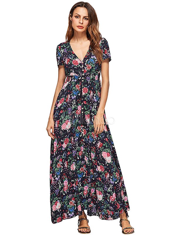 Black Maxi Dress Boho V Neck Short Sleeve Floral Printed Slim Fit Long Dress | Milanoo